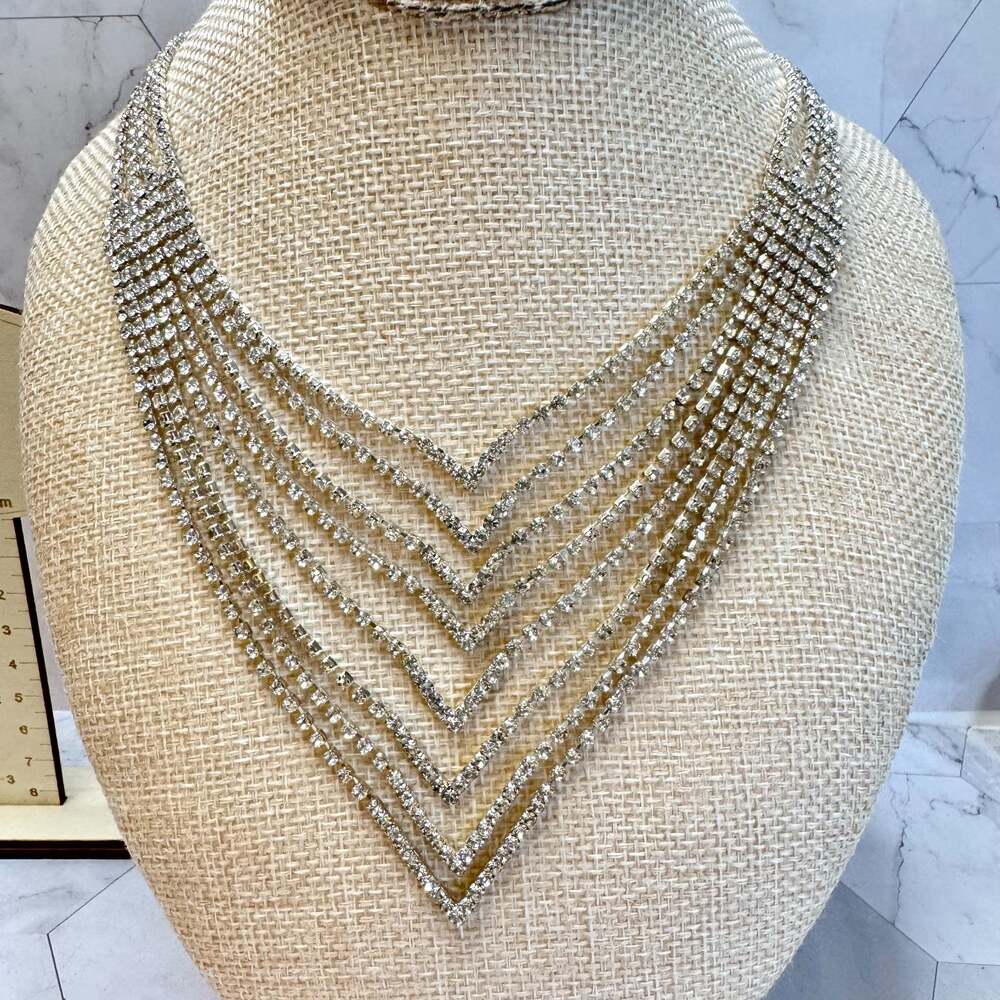 Rhinestone Necklace & Earrings Waterfall Silver Tone V Shape Bib Multi Strand